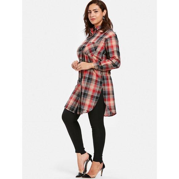 ♠ Red Plus Size Longline Red Plaid Shirt ♠ - Picture 3 of 8